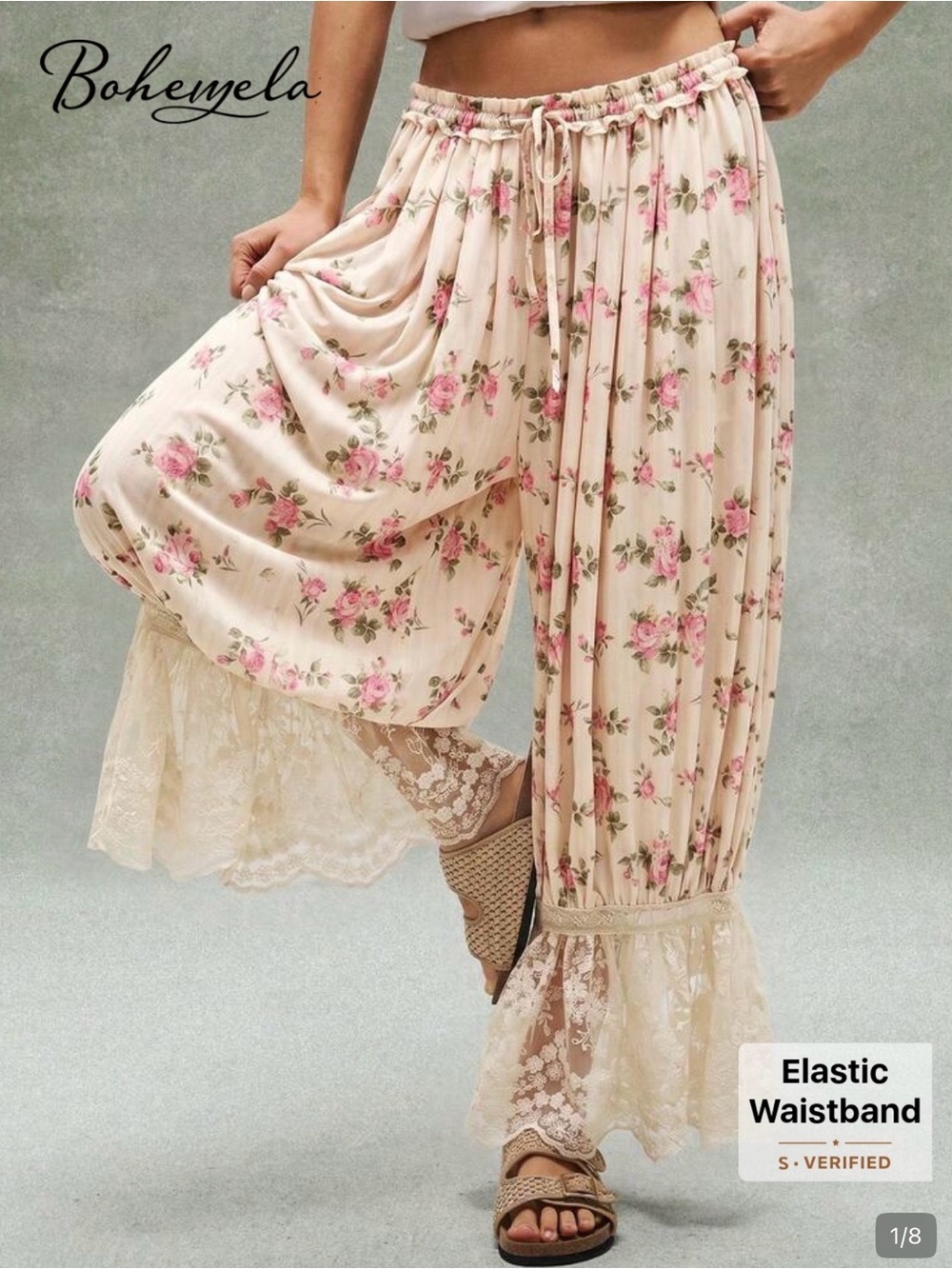 NWT BohemelaFloral Wide-Leg Lace Hem Pants - Pink & Cream, Bloomers